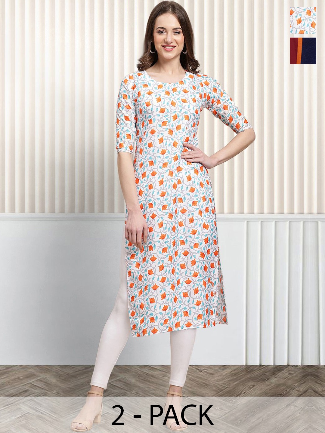 

Moda Rapido Set of 2 Ethnic Printed Round Neck Straight Kurtas, White