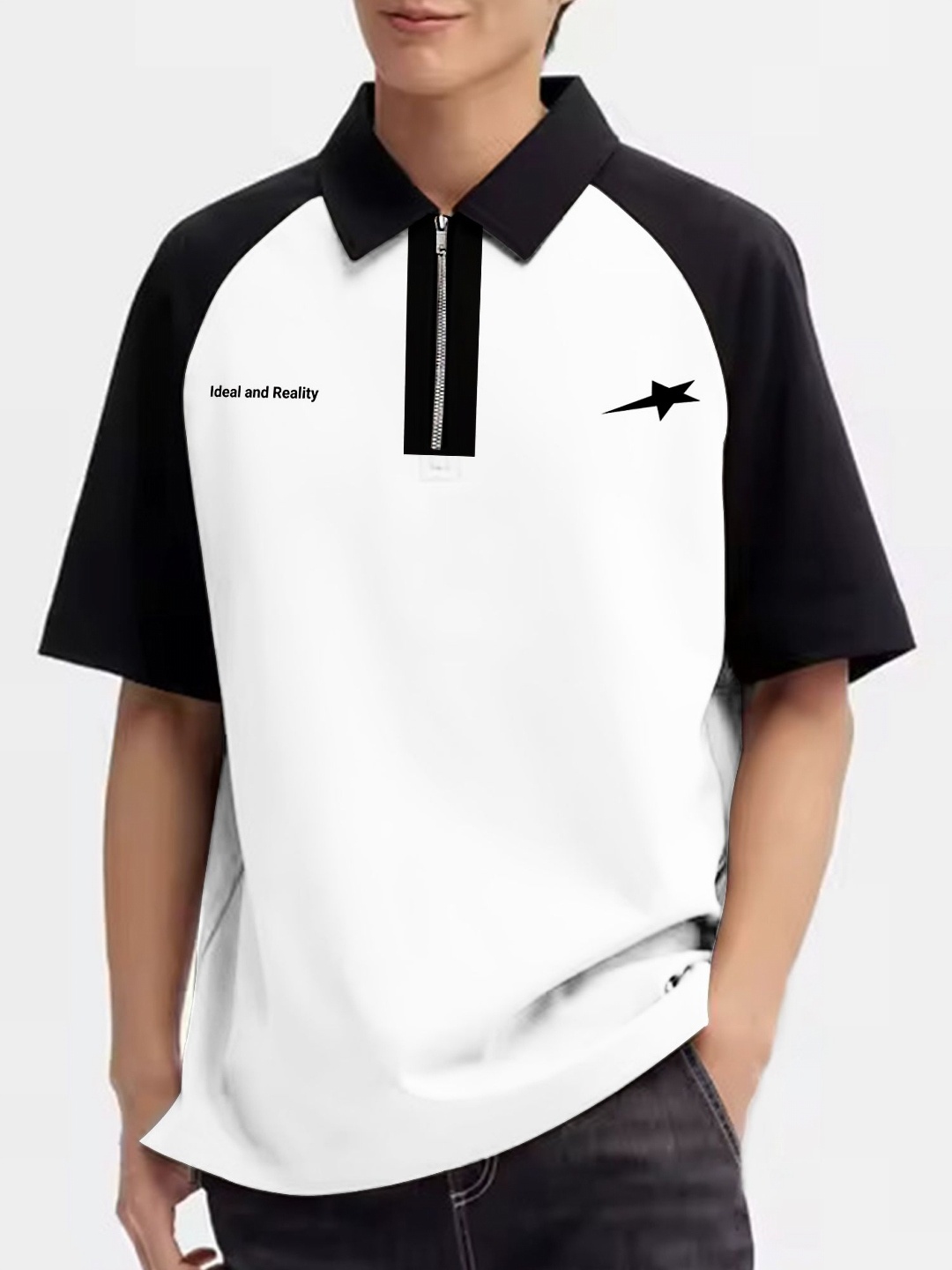 

JUMPCUTS Men Colourblocked Polo Collar Cotton T-shirt, Black