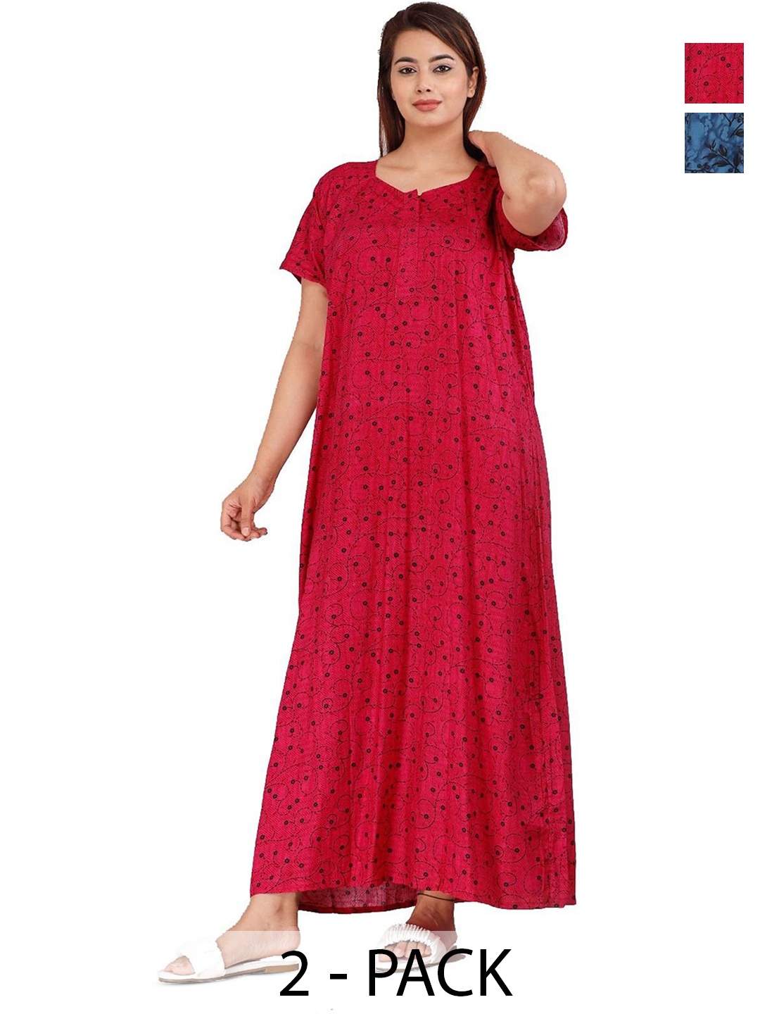 

PR PINK ROYAL Women Pack Of 2 Printed Pure Cotton Maxi Nightdress, Blue