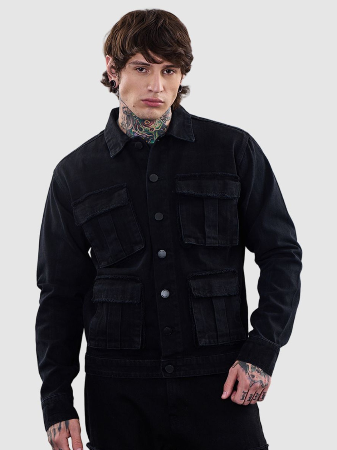

Snitch Men Revolution Solid Pure Cotton Utility Pockets Denim Jacket, Black