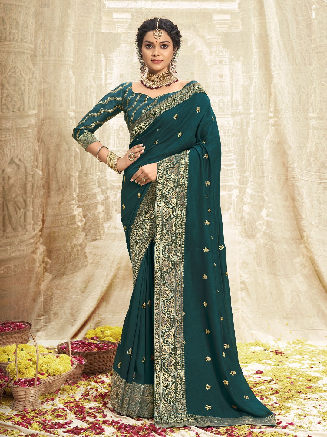 

A.V.M. SILK MILLS Floral Zari Pure Georgette Saree, Teal