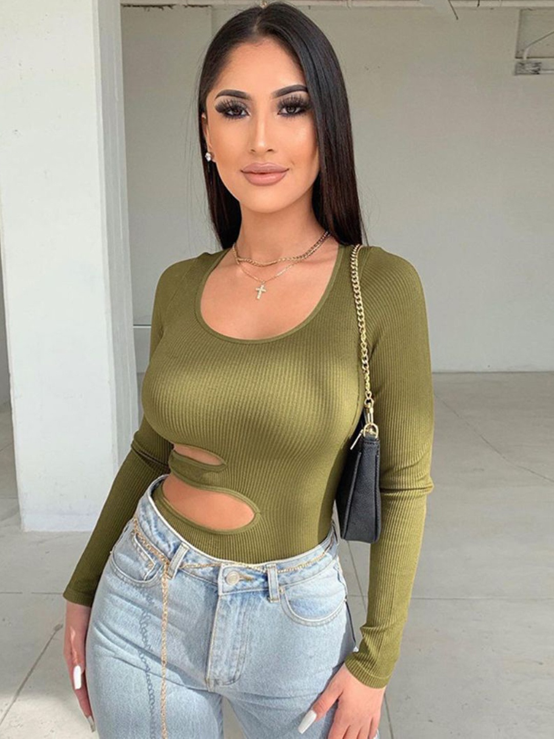 

StyleCast Round Neck Bodysuit, Olive