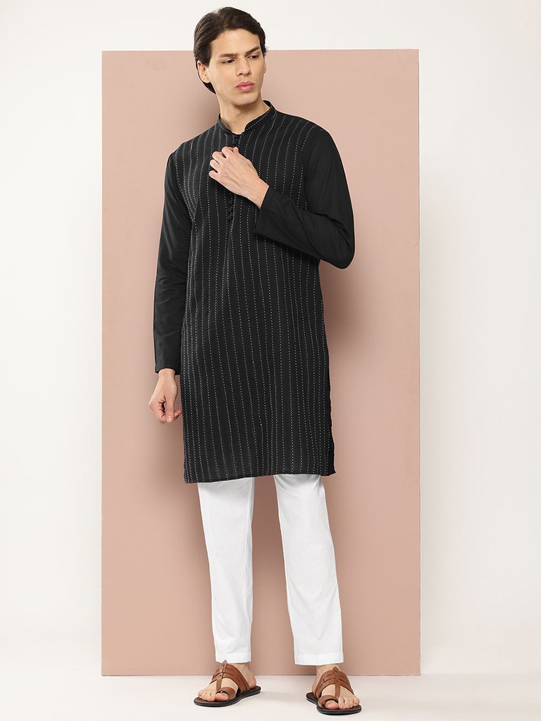 

See Designs Striped Embroidered Sequinned Mandarin Collar Pure Cotton Straight Kurta, Black