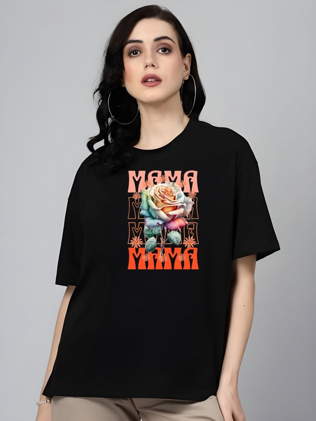 

DressBerry Women Graphic Printed Round Neck Cotton Oversized T-shirt, Black
