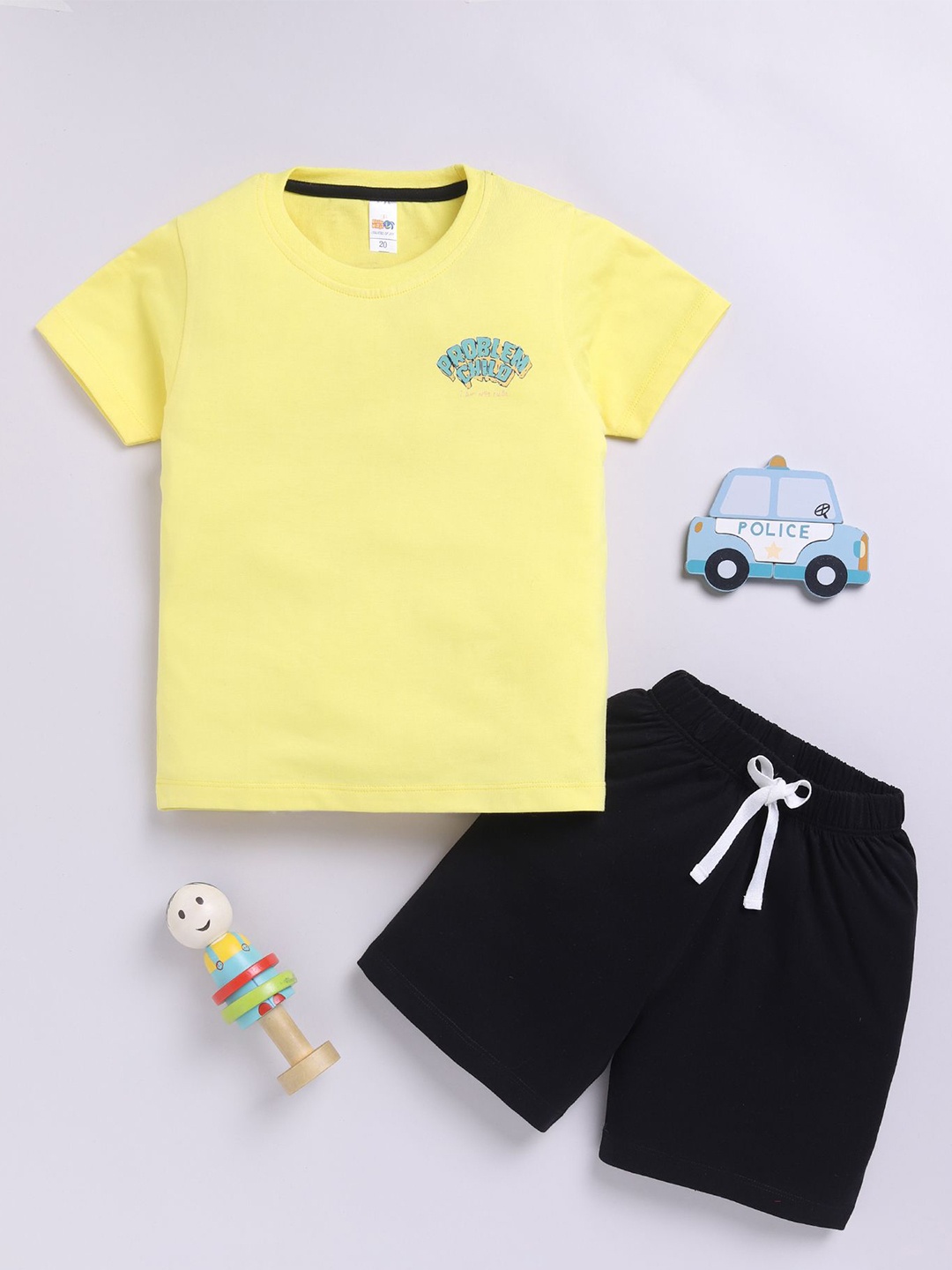 

LITTLE NINJA Boys Round Neck Pure Cotton T-Shirt With Shorts, Yellow
