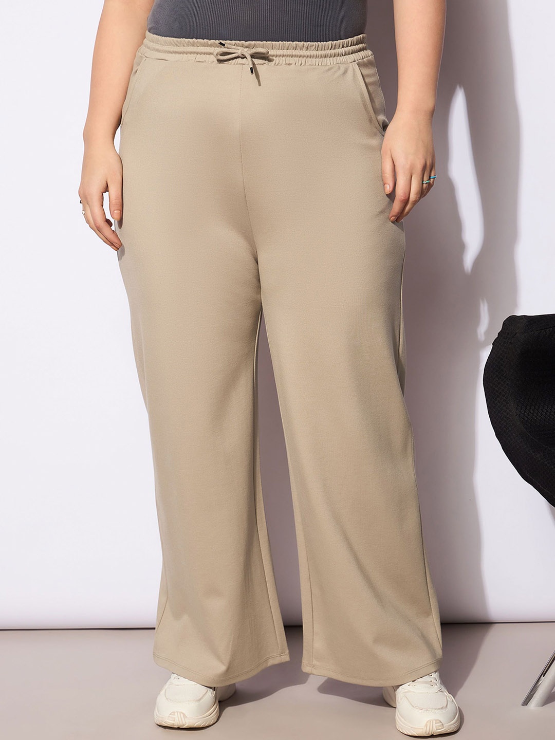 

SASSAFRAS Curve Women Plus Size Straight Fit Trousers, Beige