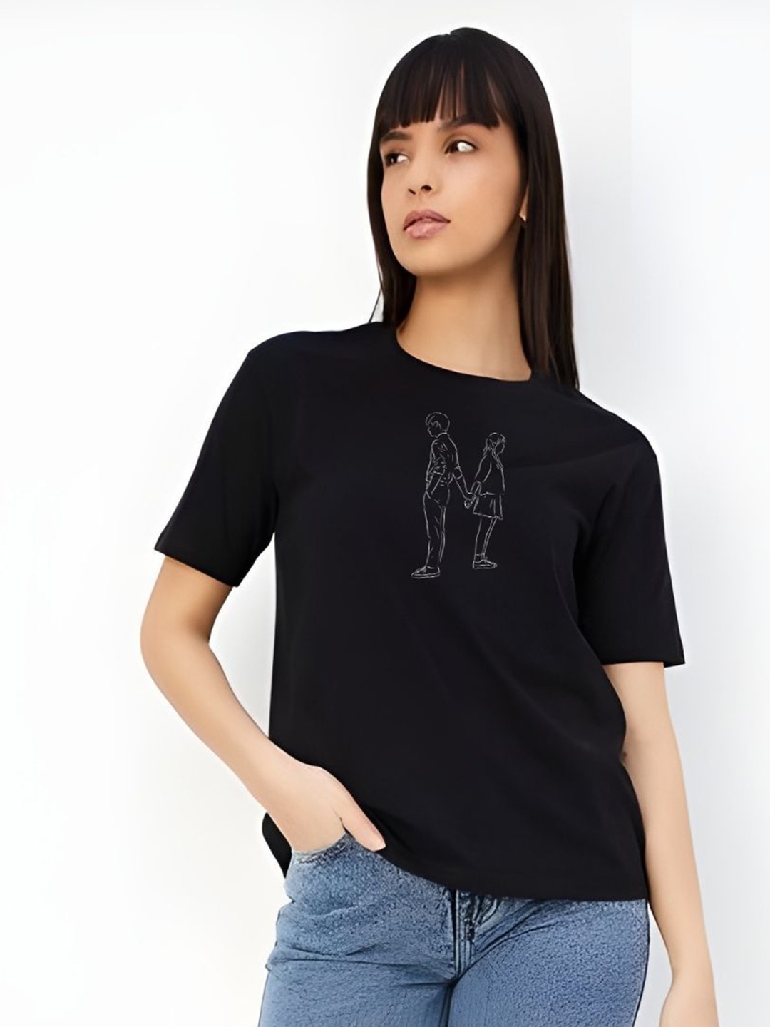 

DressBerry Women Graphic Printed Round Neck Cotton Boxy T-shirt, Black