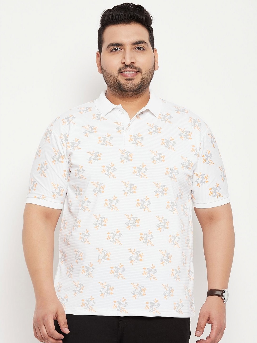 

NYKER Men Plus Size Floral Printed Polo Collar Cotton T-shirt, White