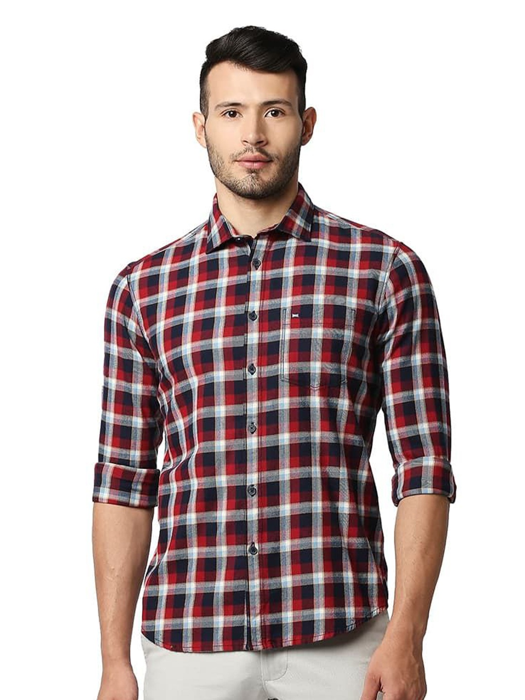 

Basics Men Relaxed Fit Spread Collar Checked Cotton Casual Shirt, Red