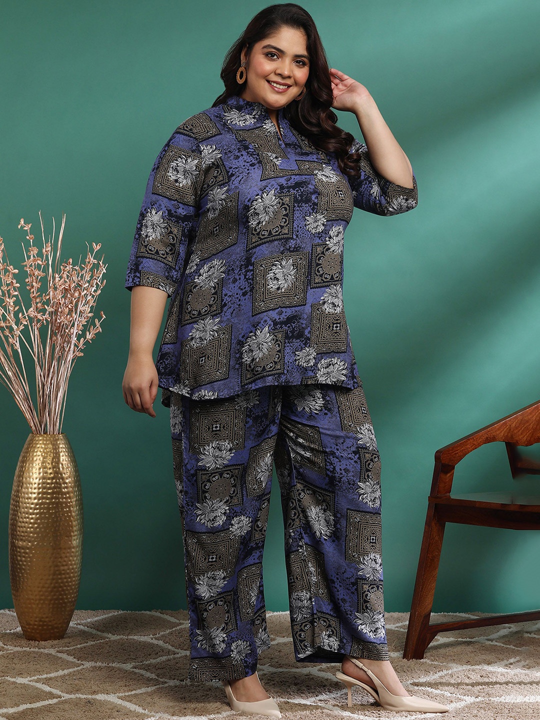 

KALINI Plus Size Floral Printed Mandarin Collar Pure Cotton Tunic And Trouser, Blue