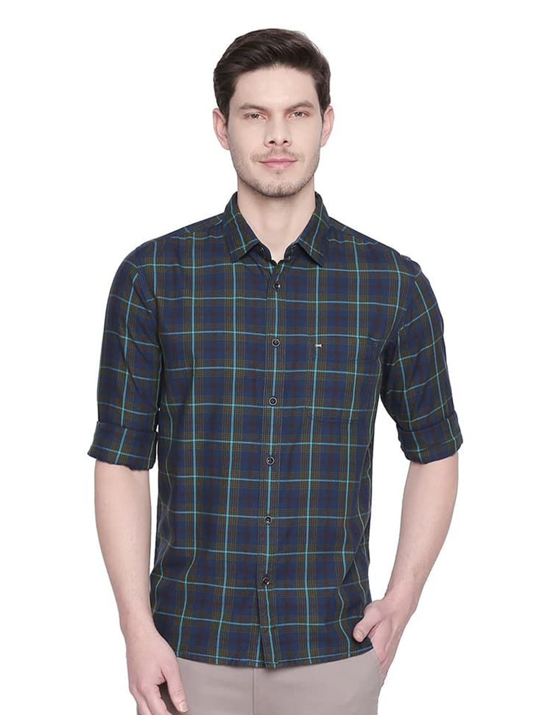 

Basics Men Relaxed Fit Spread Collar Tartan Checked Cotton Casual Shirt, Navy blue