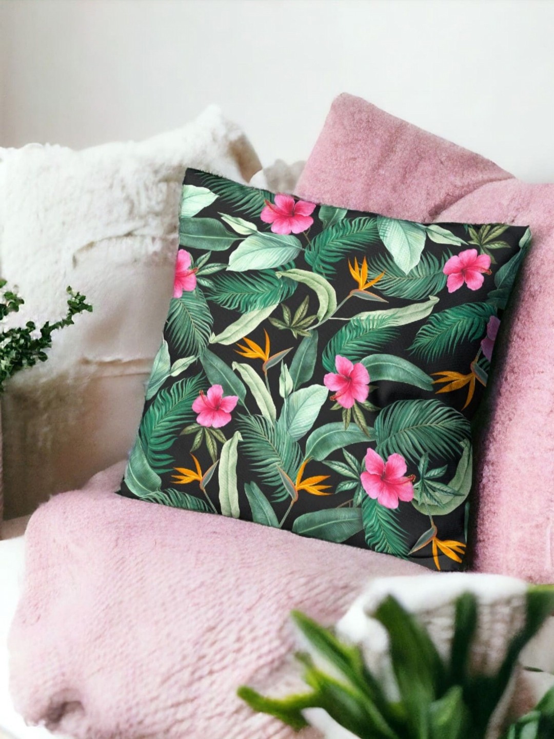 

LUSHLYF Tropicana Green & Black Floral Printed Velvet Square Cushion Covers