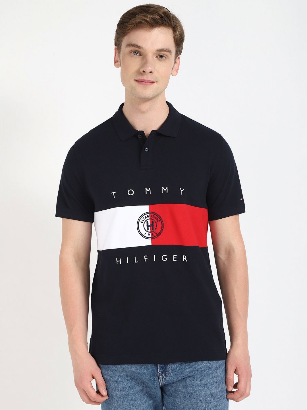 

Tommy Hilfiger Men Typography Printed Polo Collar Cotton T-shirt, Black