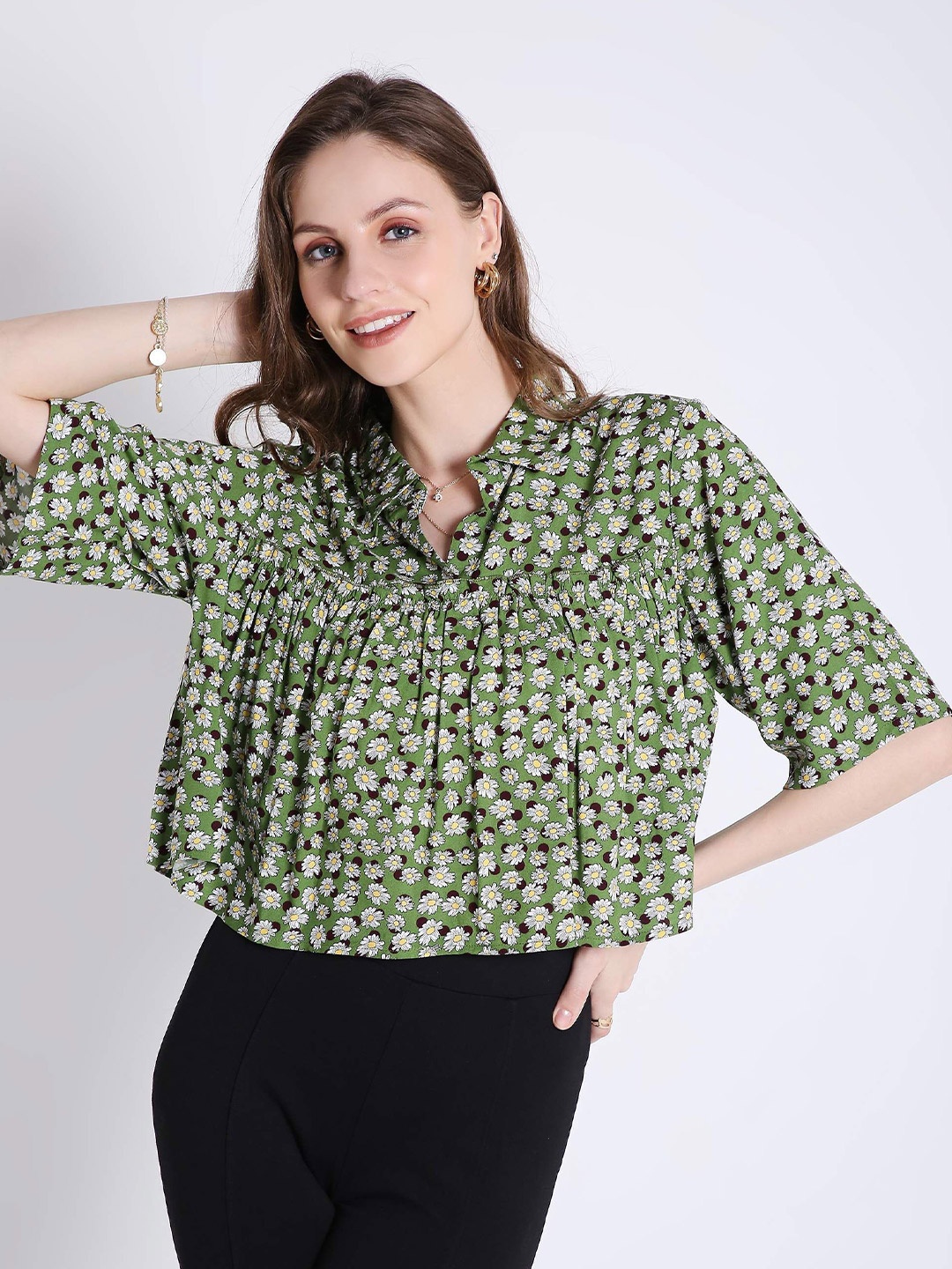 

French Theory Floral Print Bell Sleeve Crop Top, Green