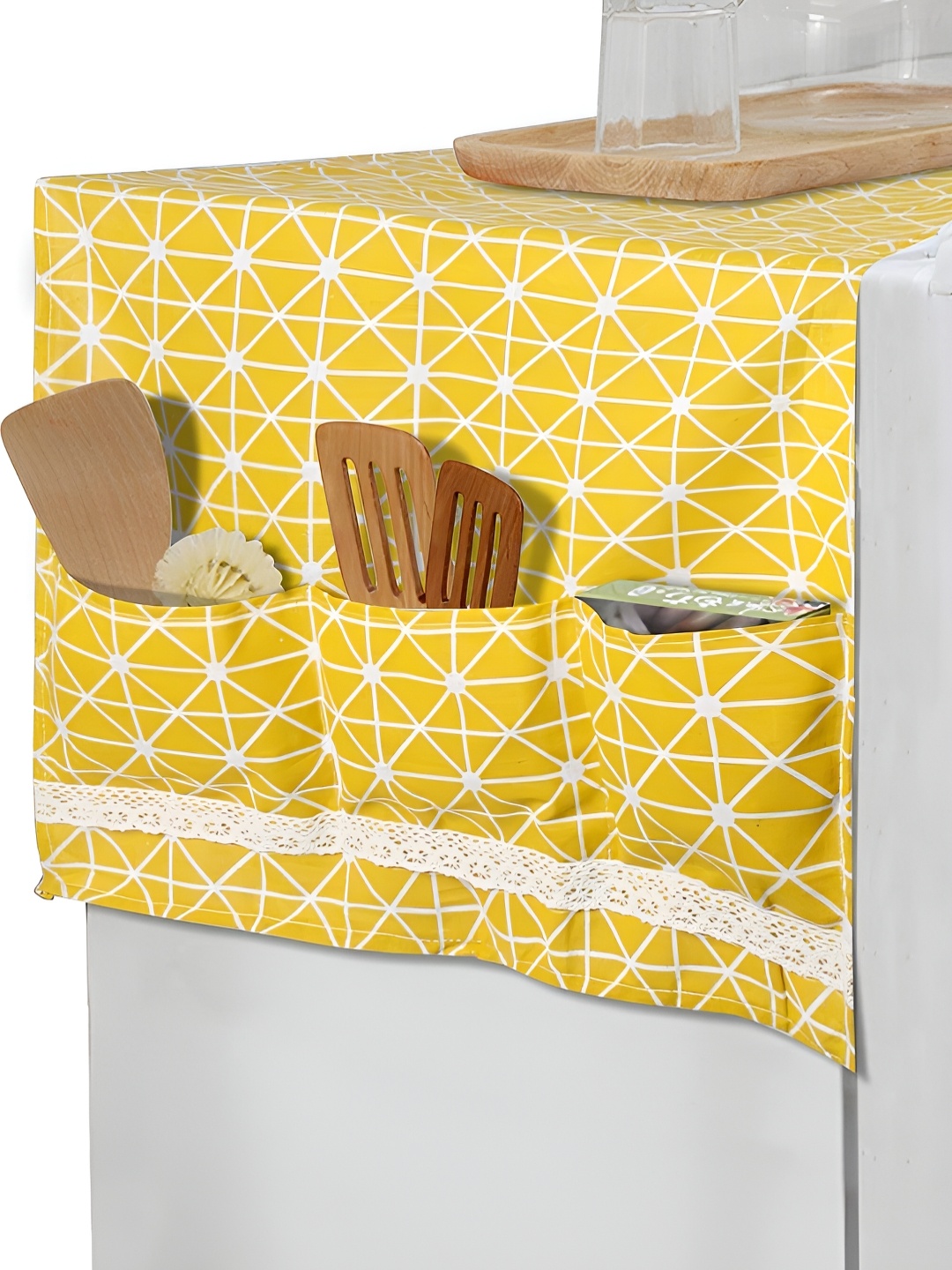

HOKIPO Yellow & White Printed Cotton Fridge Cover Top
