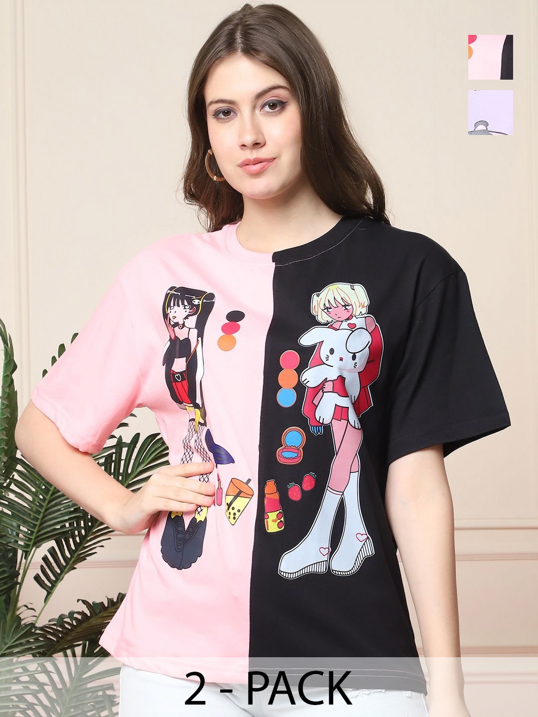 

Dreambe Women Pack Of 2 Graphic Printed Round Neck Cotton Oversized T-shirts, Purple