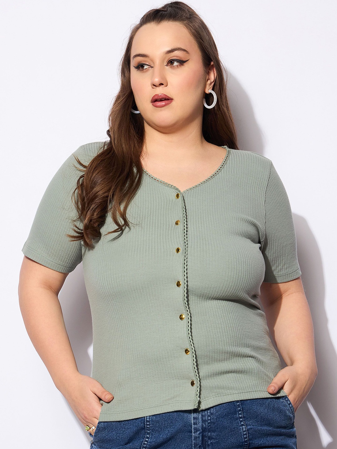 

SASSAFRAS Curve Women Ribbed Ribbed V-Neck Top, Green