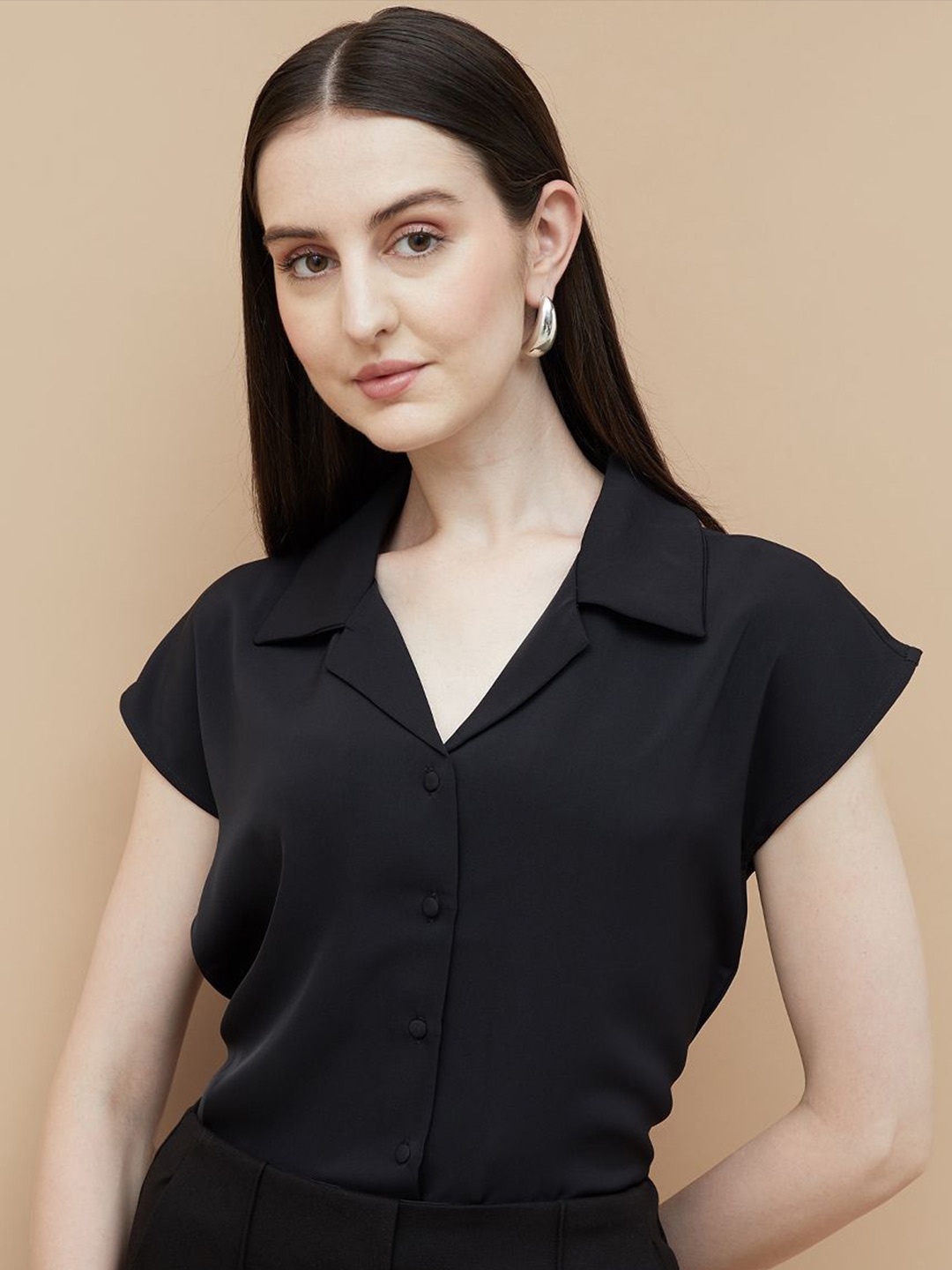 

CODE by Lifestyle Women Cuban Collar Solid Formal Shirt, Black