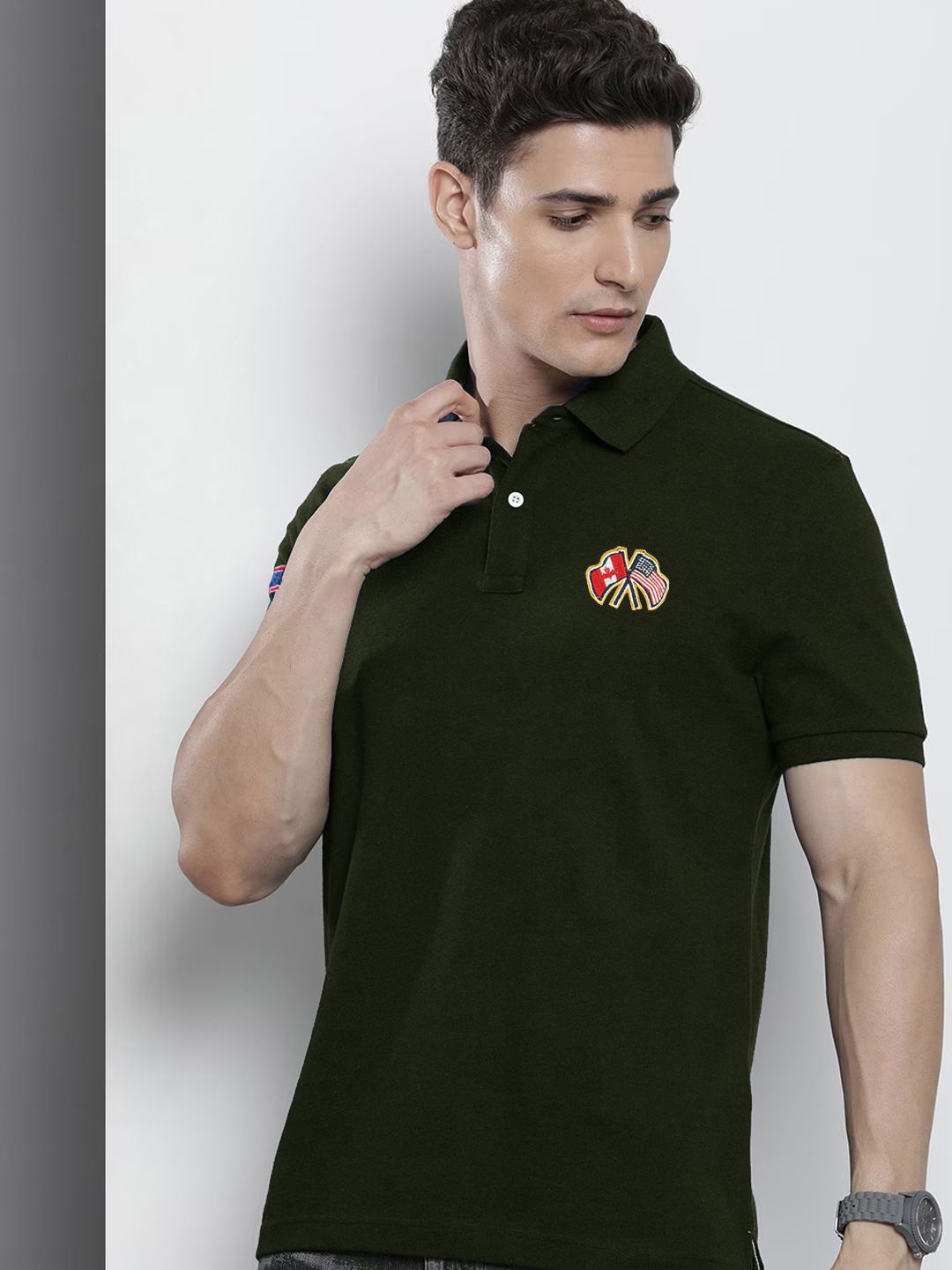 

MERRIMENT Men Solid Polo Collar Cotton T-shirt, Olive
