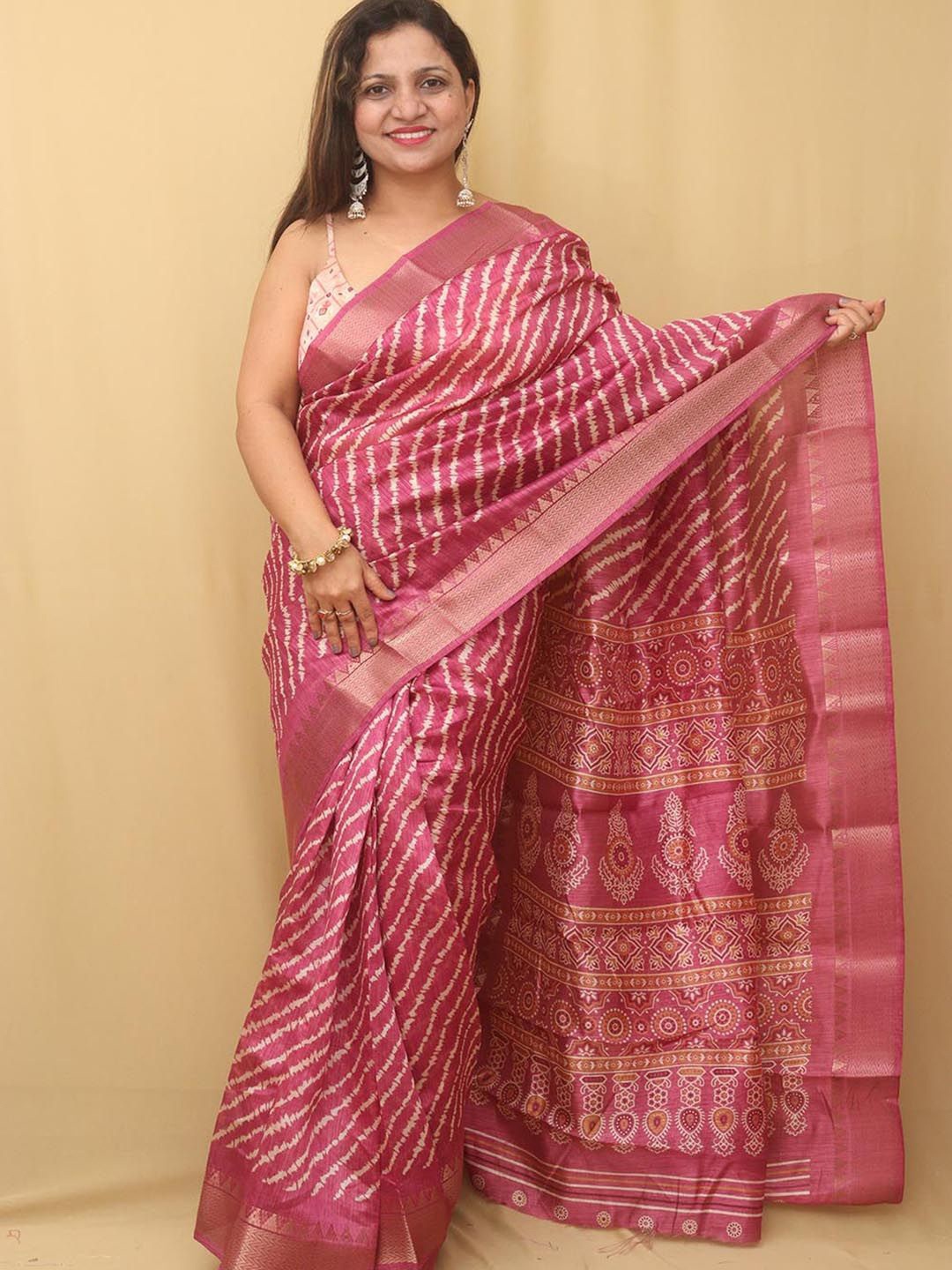 

Luxurionworld Printed Zari Leheriya Saree, Pink