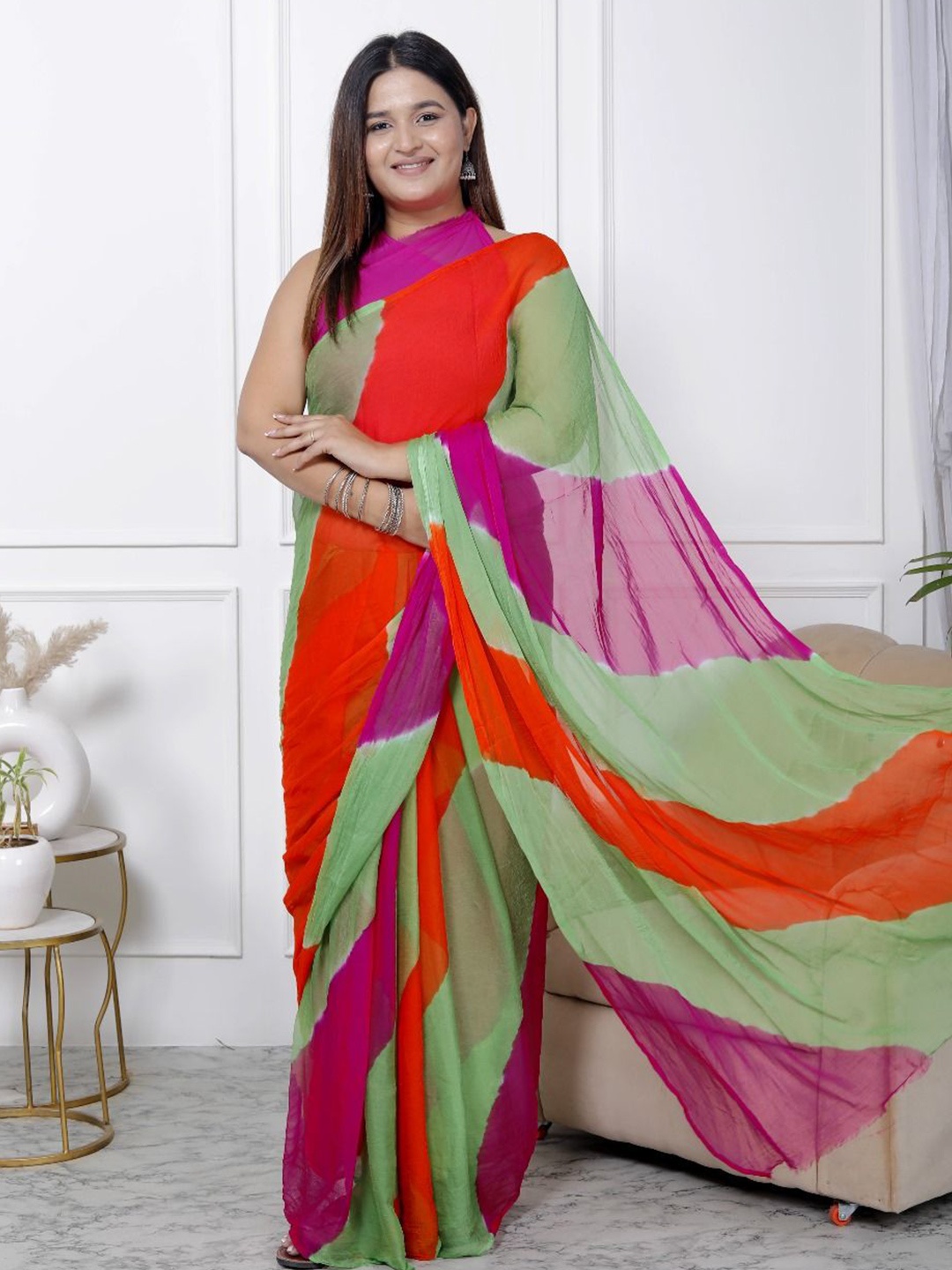 

neelkanth enterprises Leheriya Pure Chiffon Leheriya Saree, Green