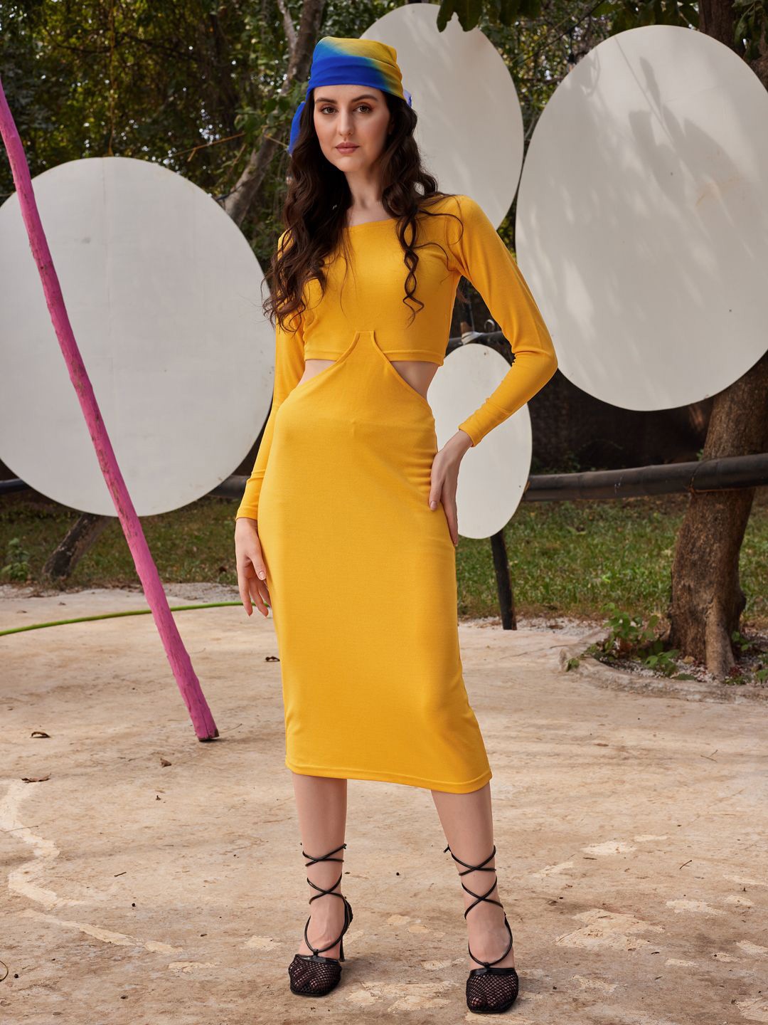 

PURVAJA Women Round Neck Bodycon Midi Dress, Yellow