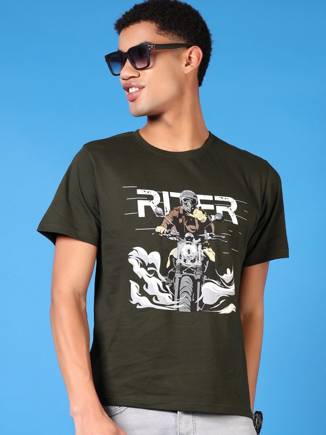 

V-Mart Men Graphic Printed Round Neck Cotton T-shirt, Olive