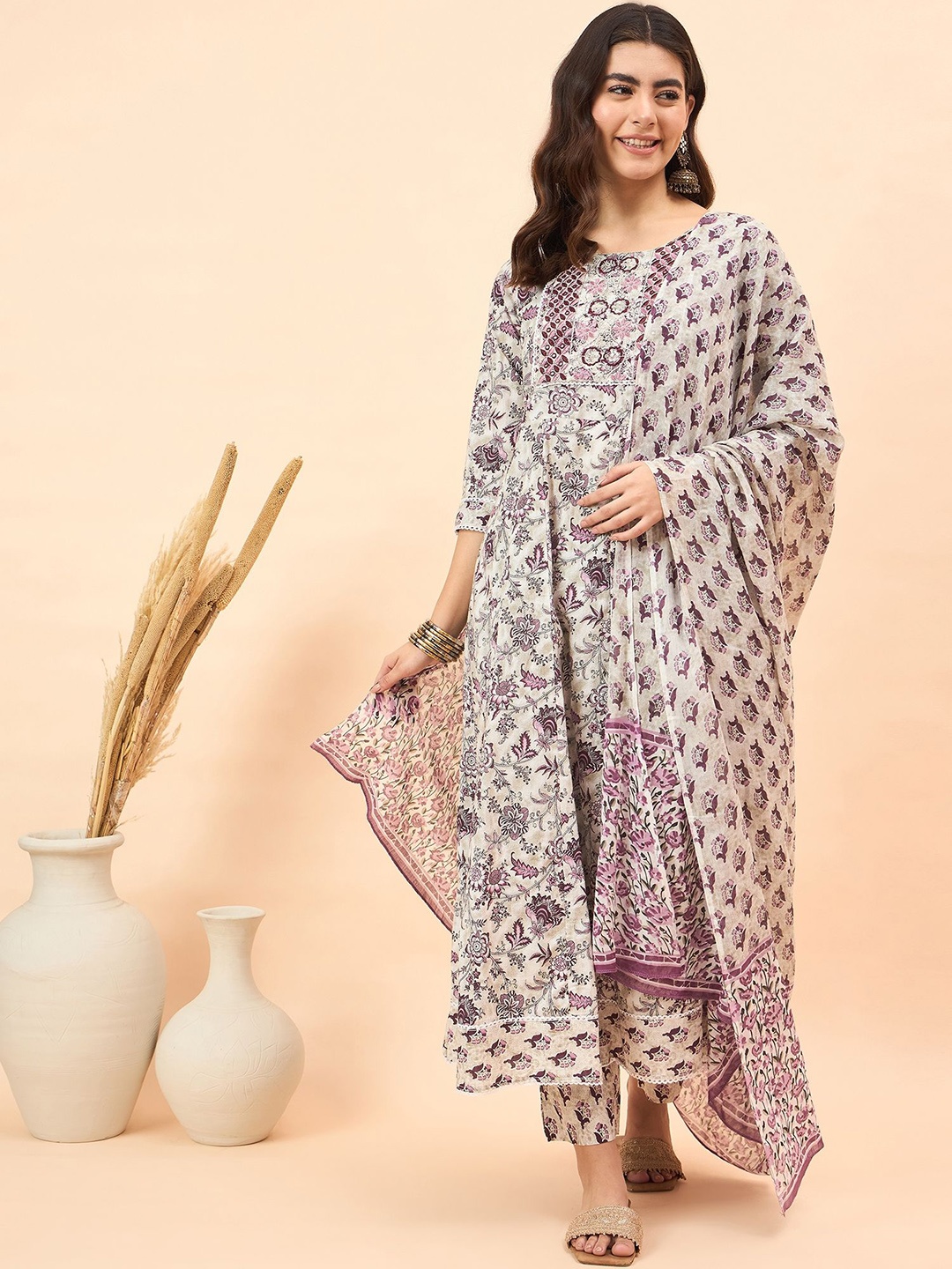 

Anouk Women Floral Printed Regular Pure Cotton Kurta with Trousers & With Dupatta, Grey