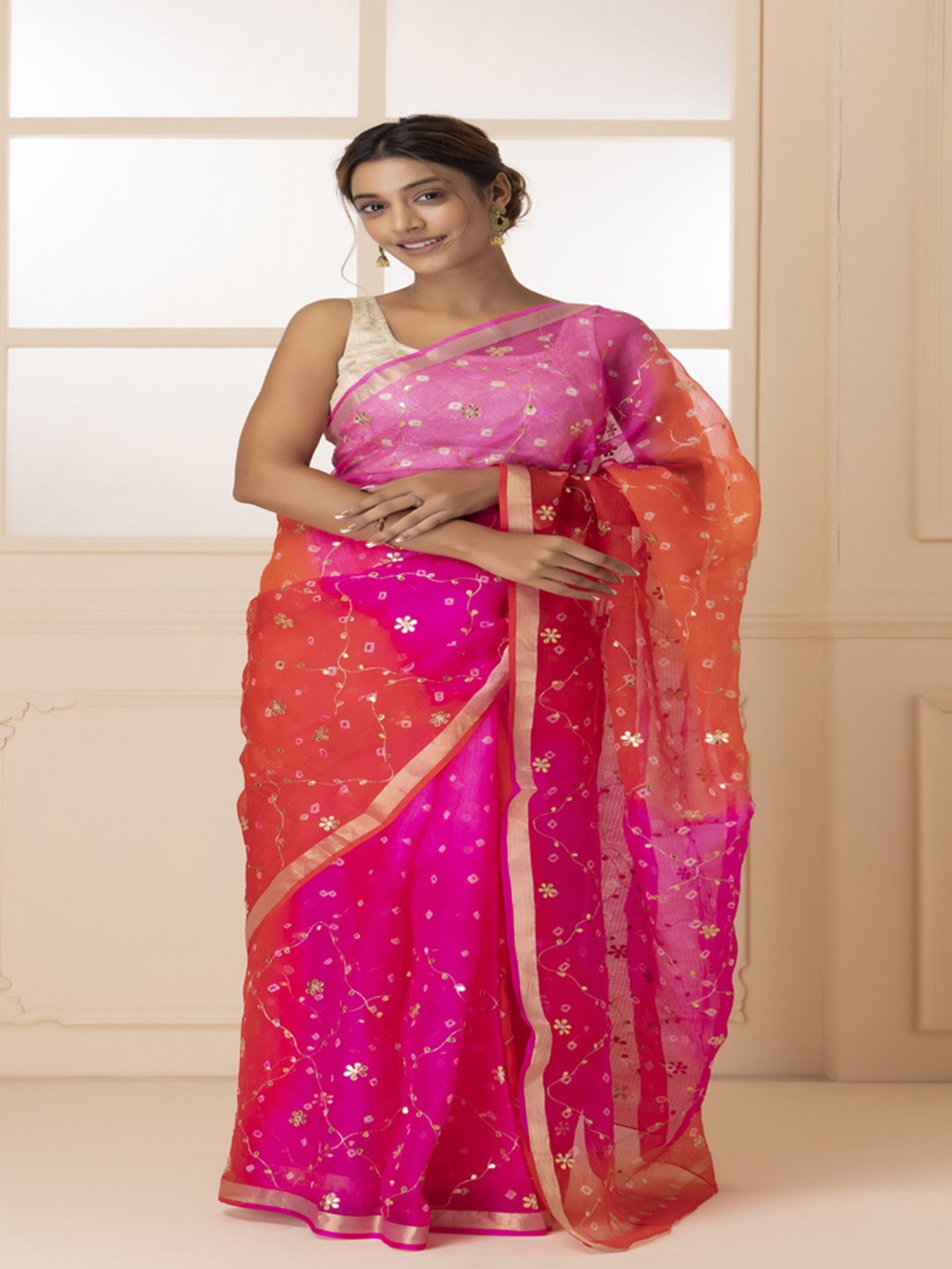 

Geroo Luxe Floral Embroidered Gotta Patti Saree, Orange