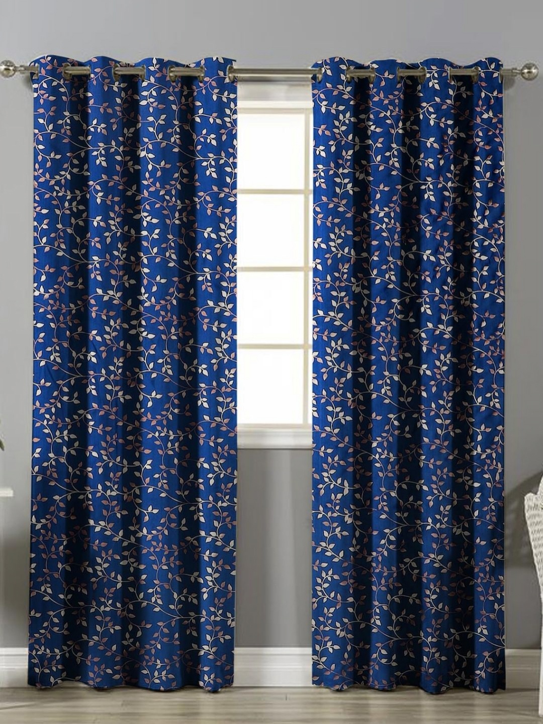 

bsb home Navy Blue & White 2 Pieces Floral Printed Room Darkening Window Curtain