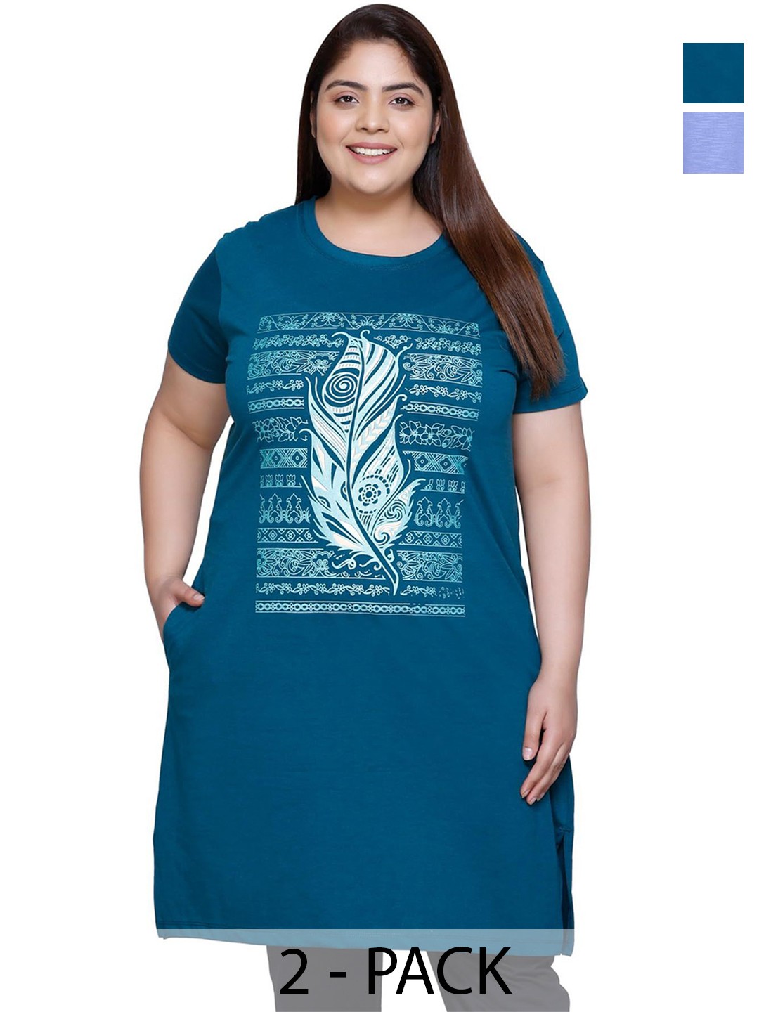 

IN Love Pack of 2 Women Plus Size Front Printed Cotton Nighty Chemise, Blue