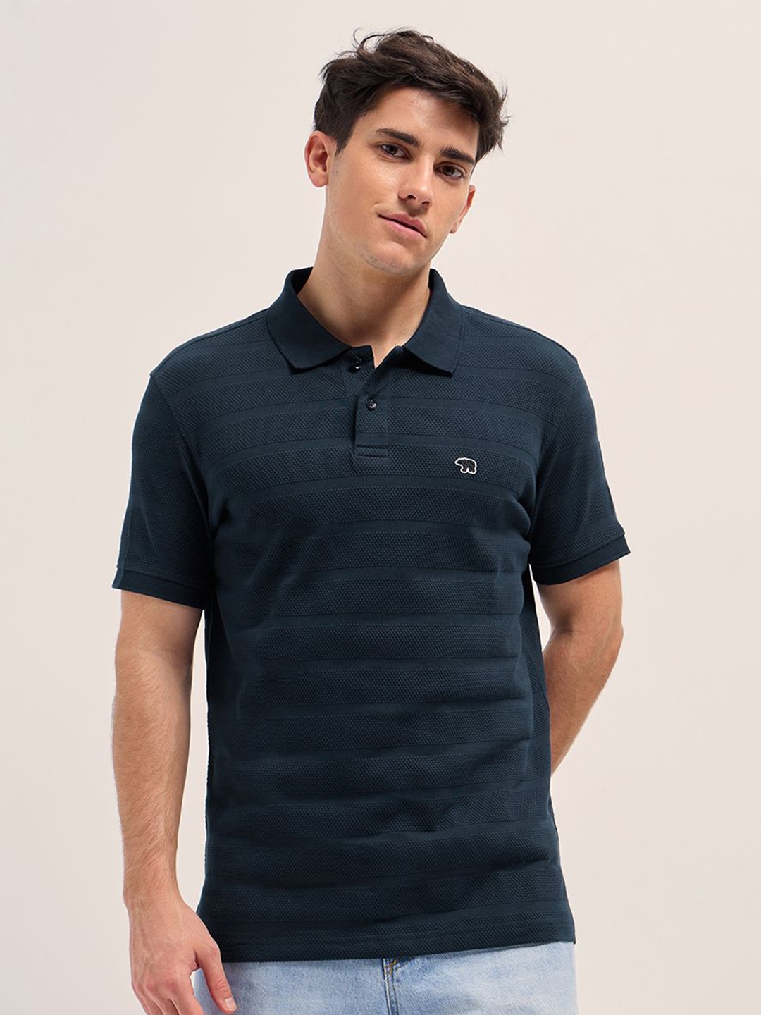 

THE BEAR HOUSE Men Self Design Polo Collar Cotton T-shirt, Blue