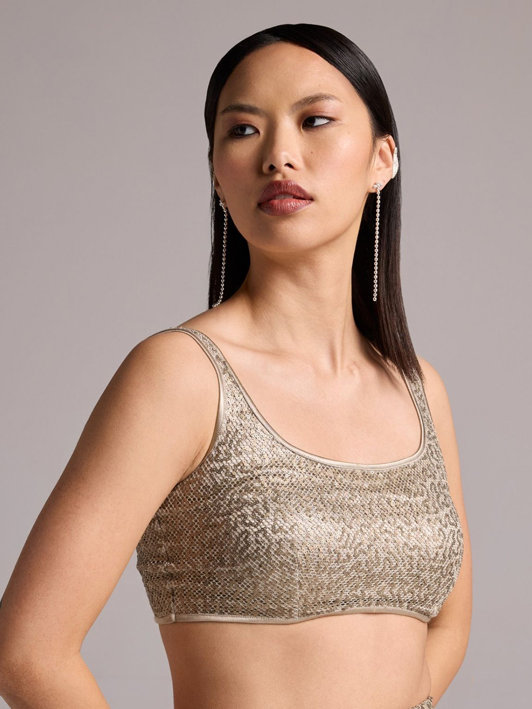 

The Dapper Lady Women Self Design Shoulder Straps Top, Gold