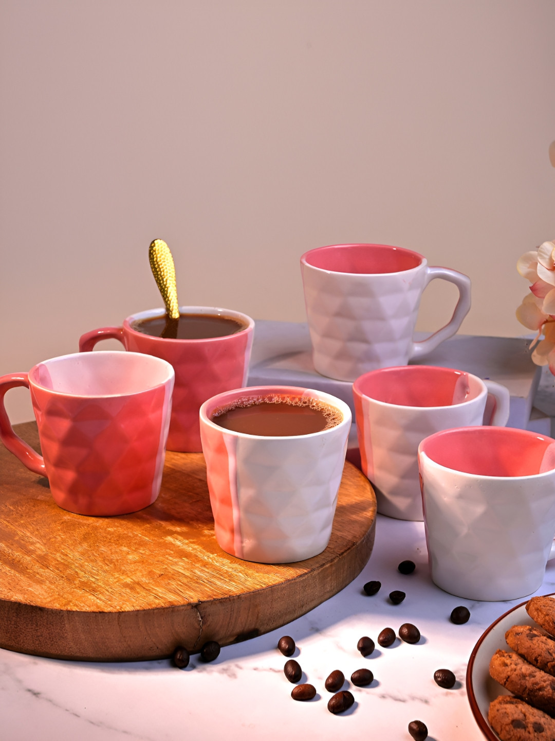 

Storepedia White & Red 6 Pieces Textured Glossy Ceramic Tea Cups 150ml Each