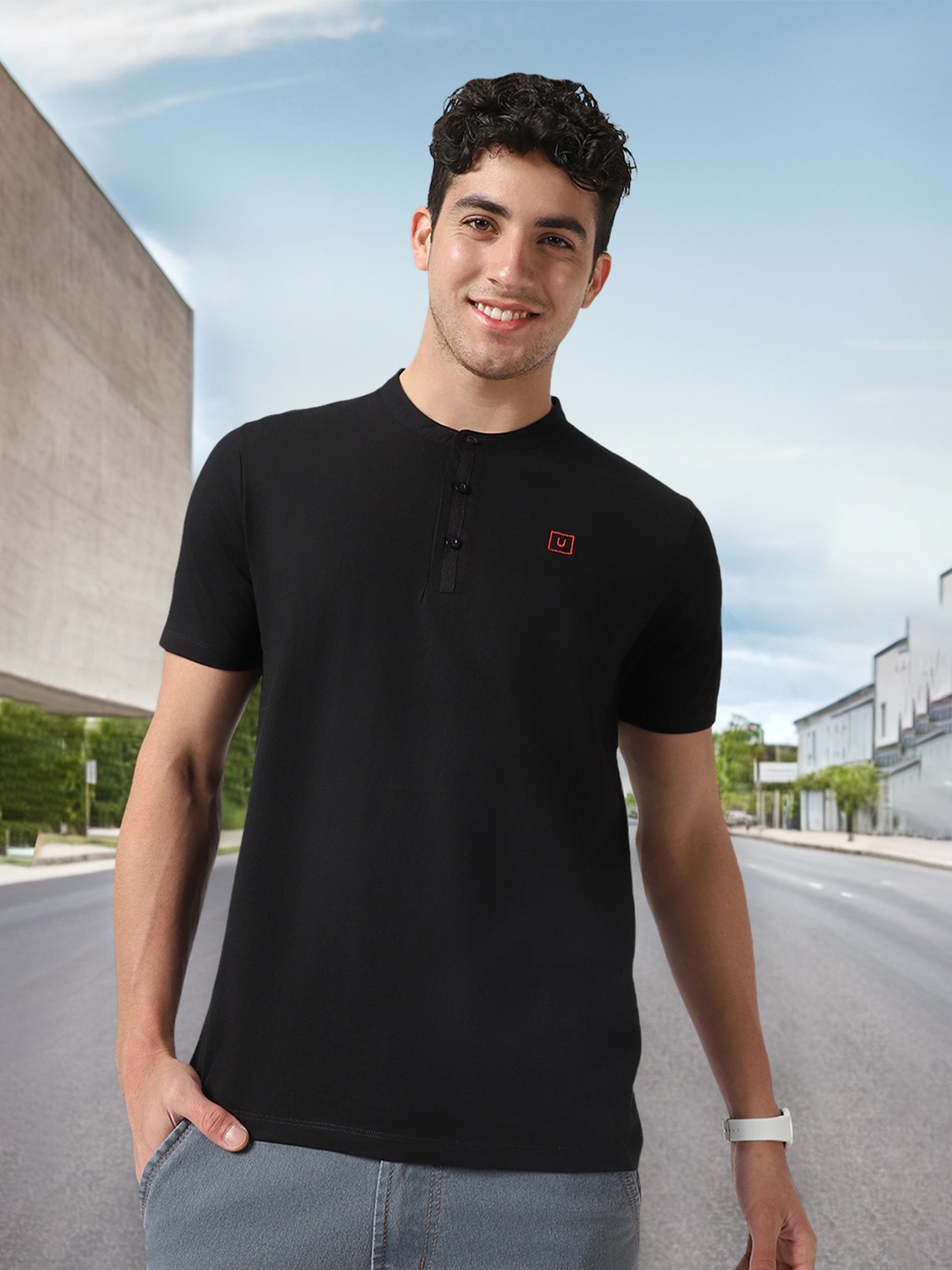 

Urbano Fashion Men Black Solid Mandarin Collar Pure Cotton T-shirt