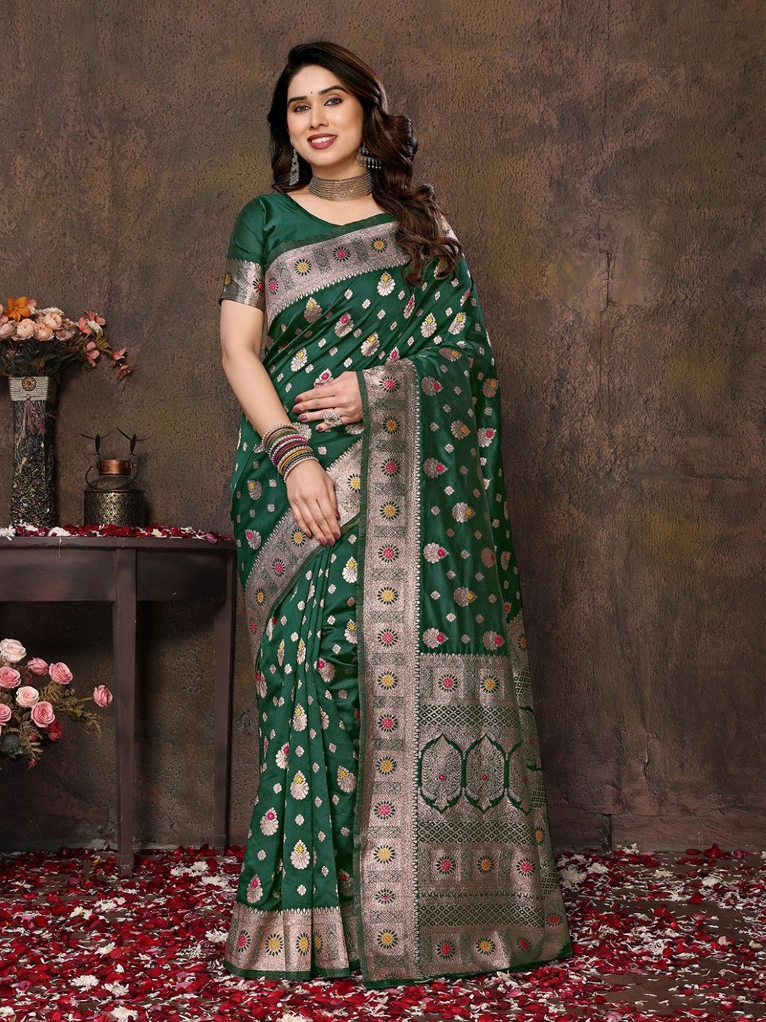 

KALINI Woven Design Half and Half Banarasi Saree, Green