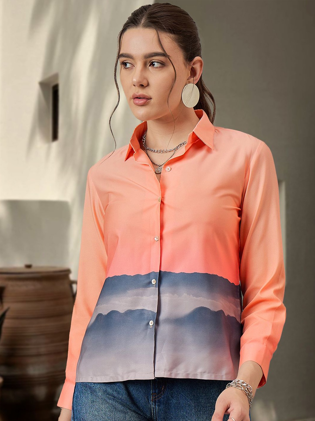 

DressBerry Women Spread Collar Dyed Casual Shirt, Peach