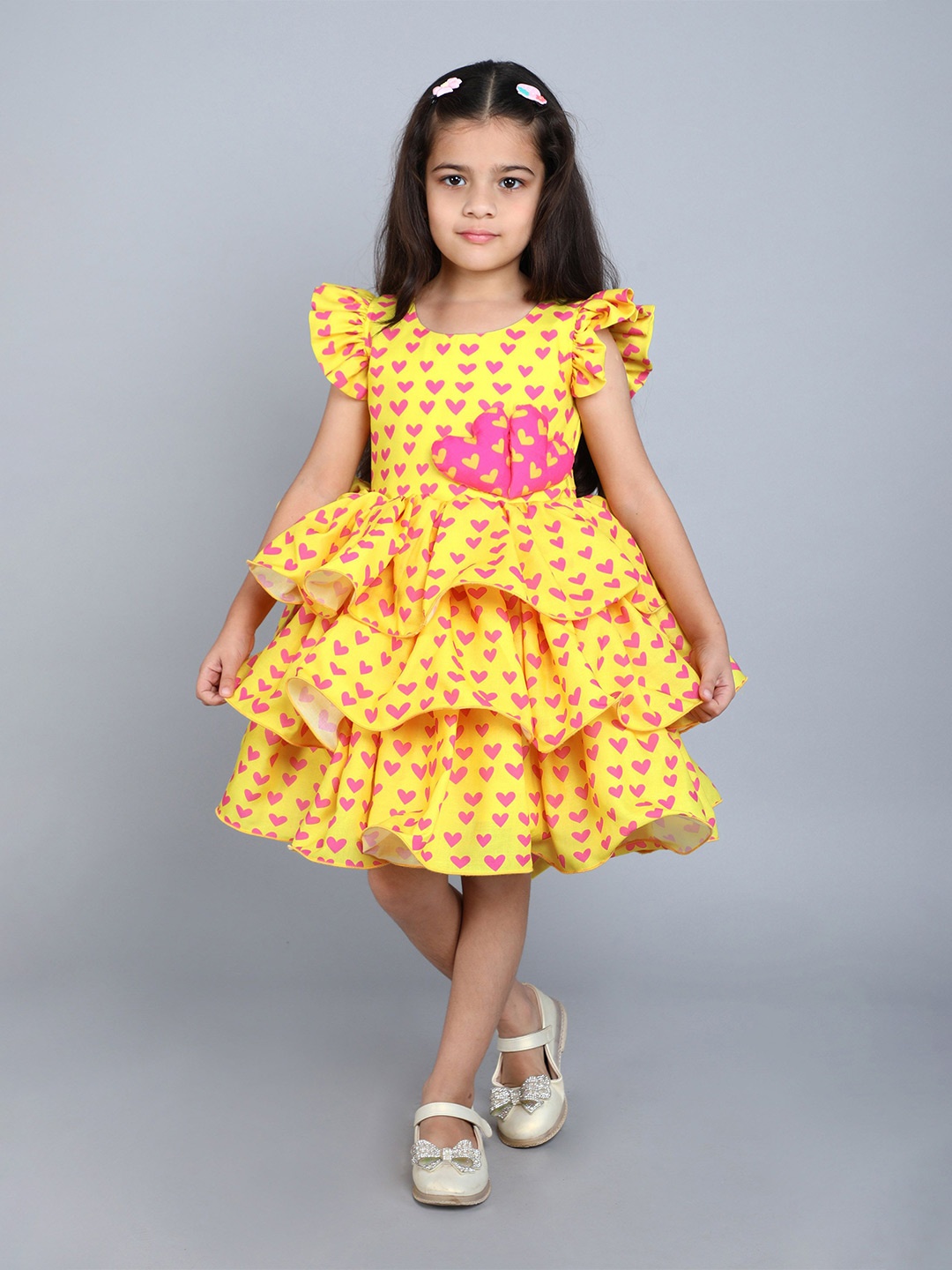 

Pink Chick Girls Heart Printed Flutter Sleeve Cotton Fit & Flare Layered Dress, Yellow