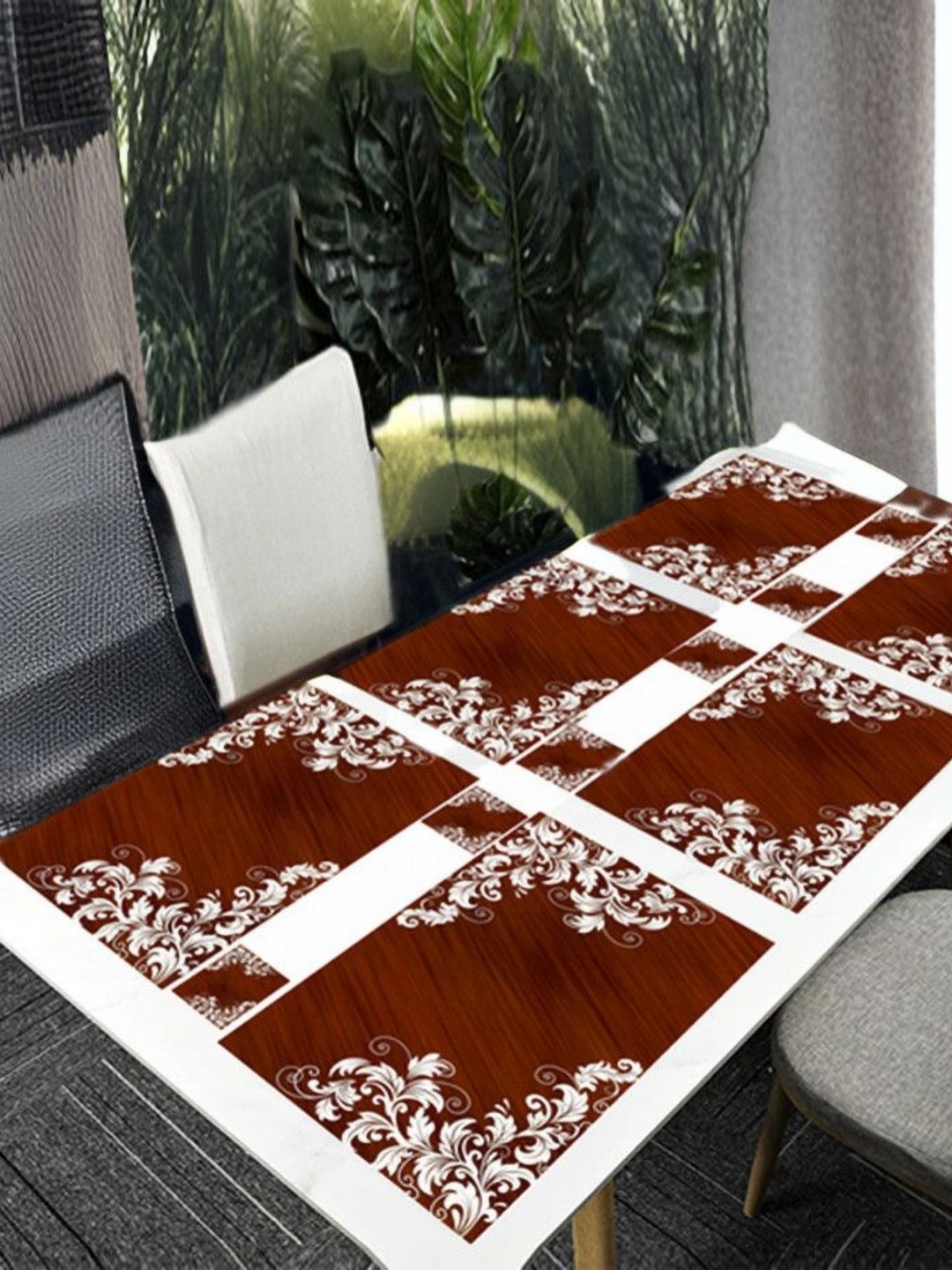 

REVEXO 6Pc Brown & White Printed Rectangle Costers & Table Placemats