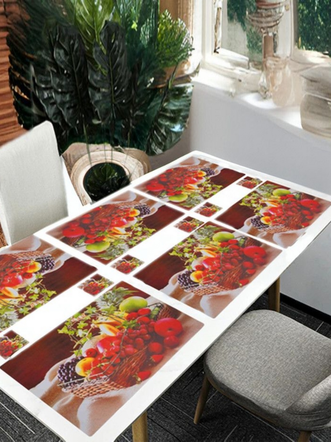 

REVEXO White & Red 12 Pieces Printed Rectangle Table Placemats With Costers