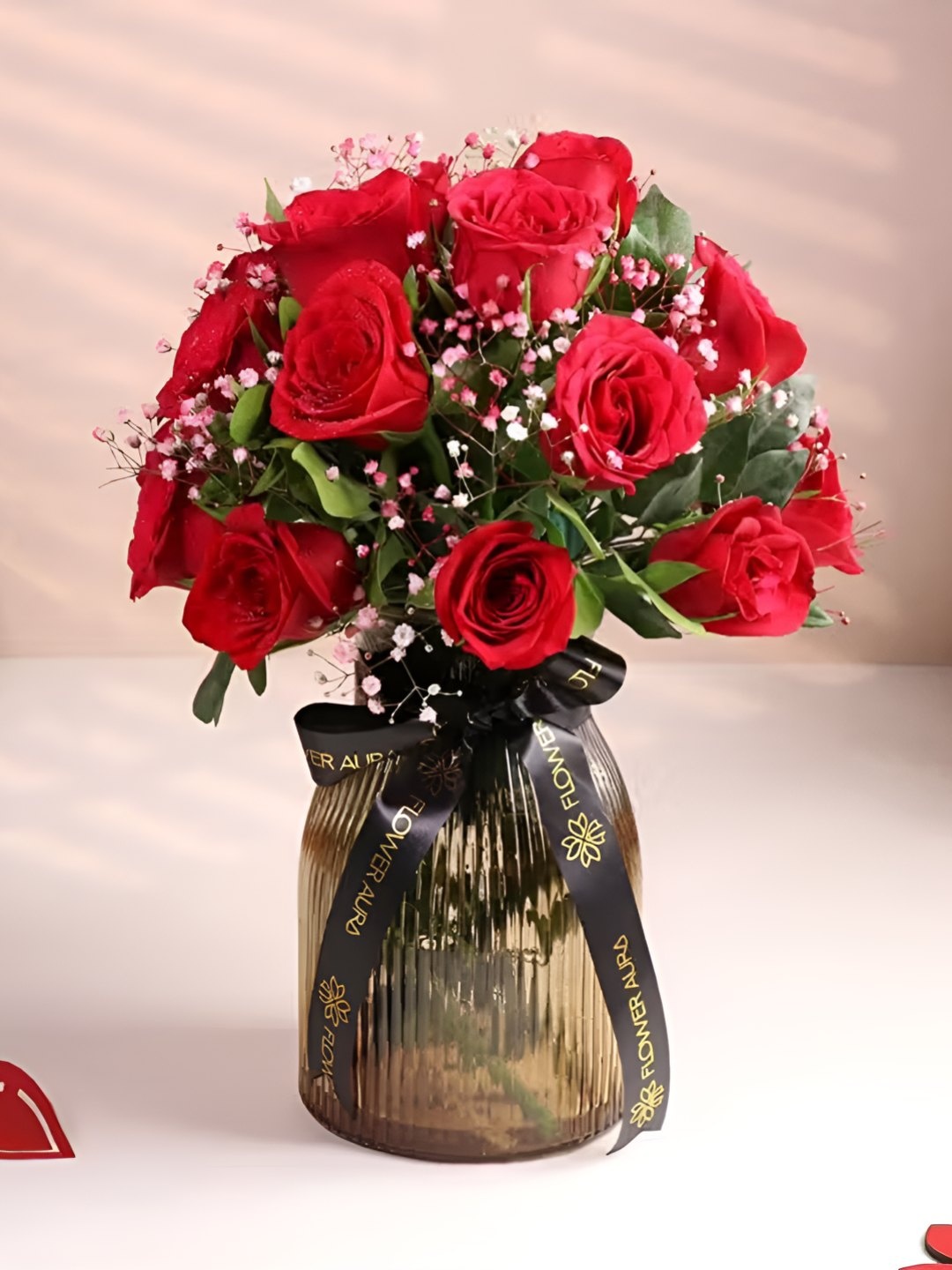 

Floweraura 20Pcs Pink & Green Roses & Vase Fresh Flowers, Red