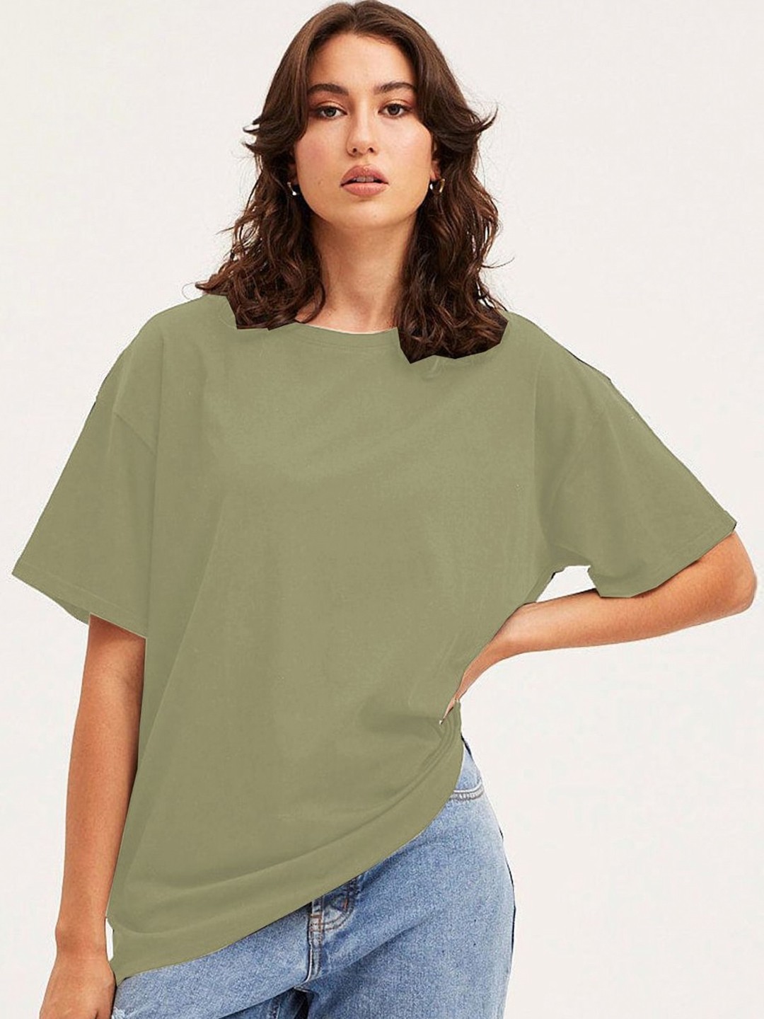 

Moda Rapido Women Solid Round Neck Cotton Oversized T-shirt, Green