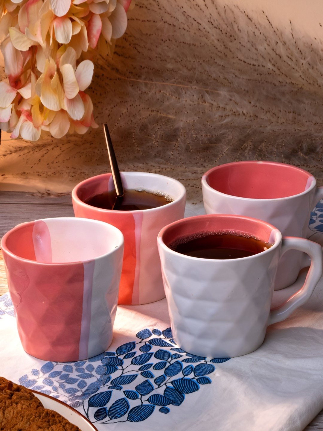 

Storepedia Pink & White 4 Pieces Textured Glossy Ceramic Coffee Mugs 150 ml Each