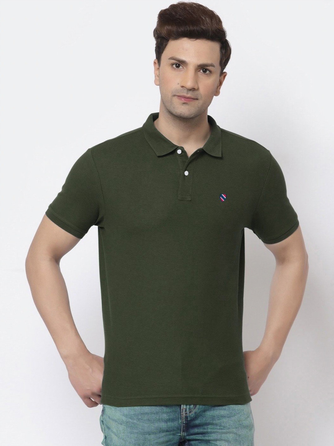 

MERRIMENT Men Solid Polo Collar Cotton T-shirt, Olive