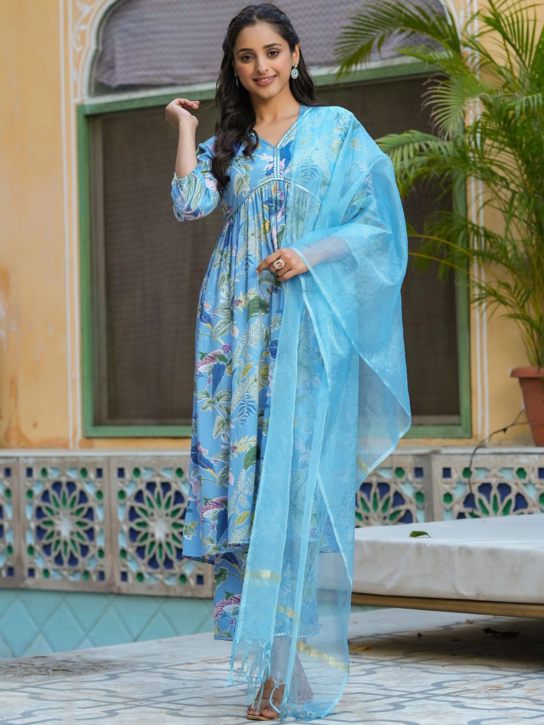 

Sangria Blue Floral Printed Poly Silk V Neck Empire Kurta With Trousers And Dupatta