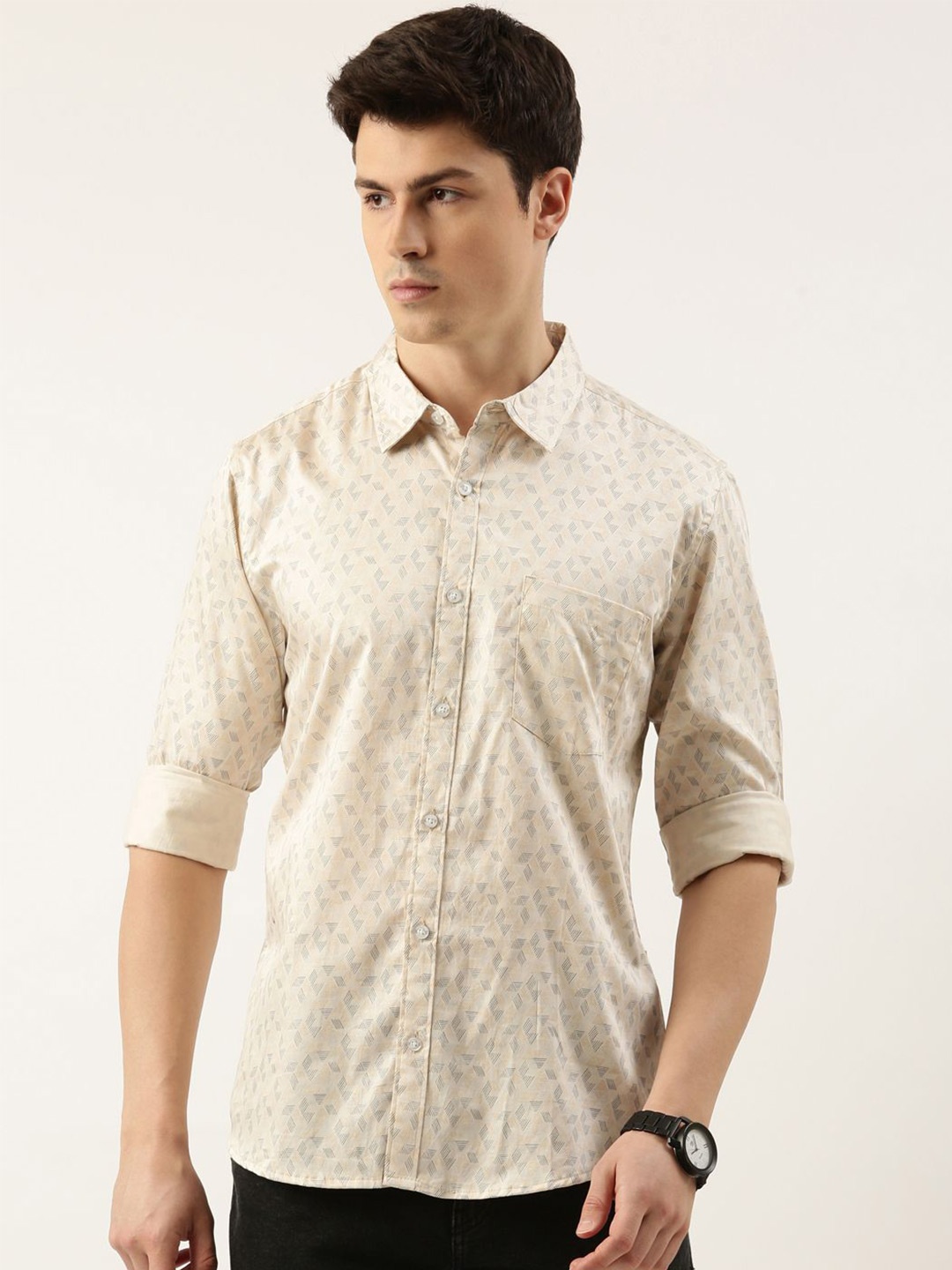 

Provogue Men Spread Collar Abstract Printed Cotton Casual Shirt, Beige