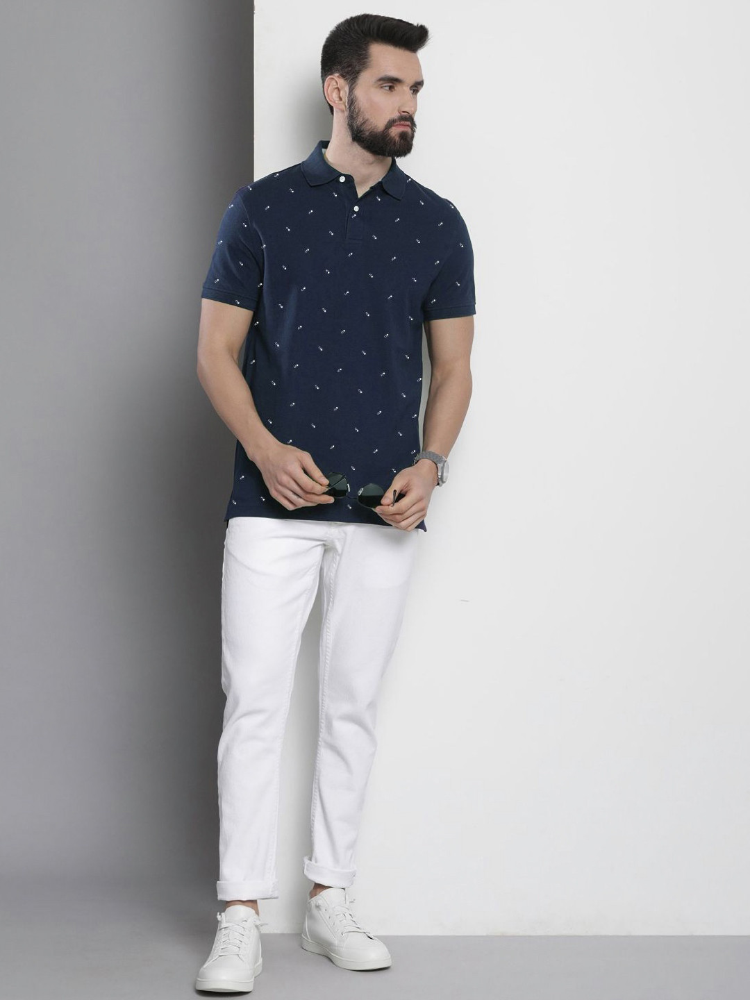 

MERRIMENT Men Geometric Printed Polo Collar Cotton T-shirt, Navy blue