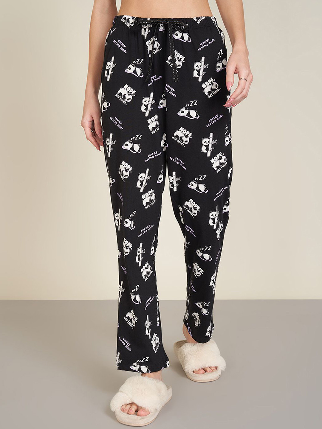 

Dreamz by Pantaloons Printed Pure Cotton Mid Rise Lounge Pants, Black