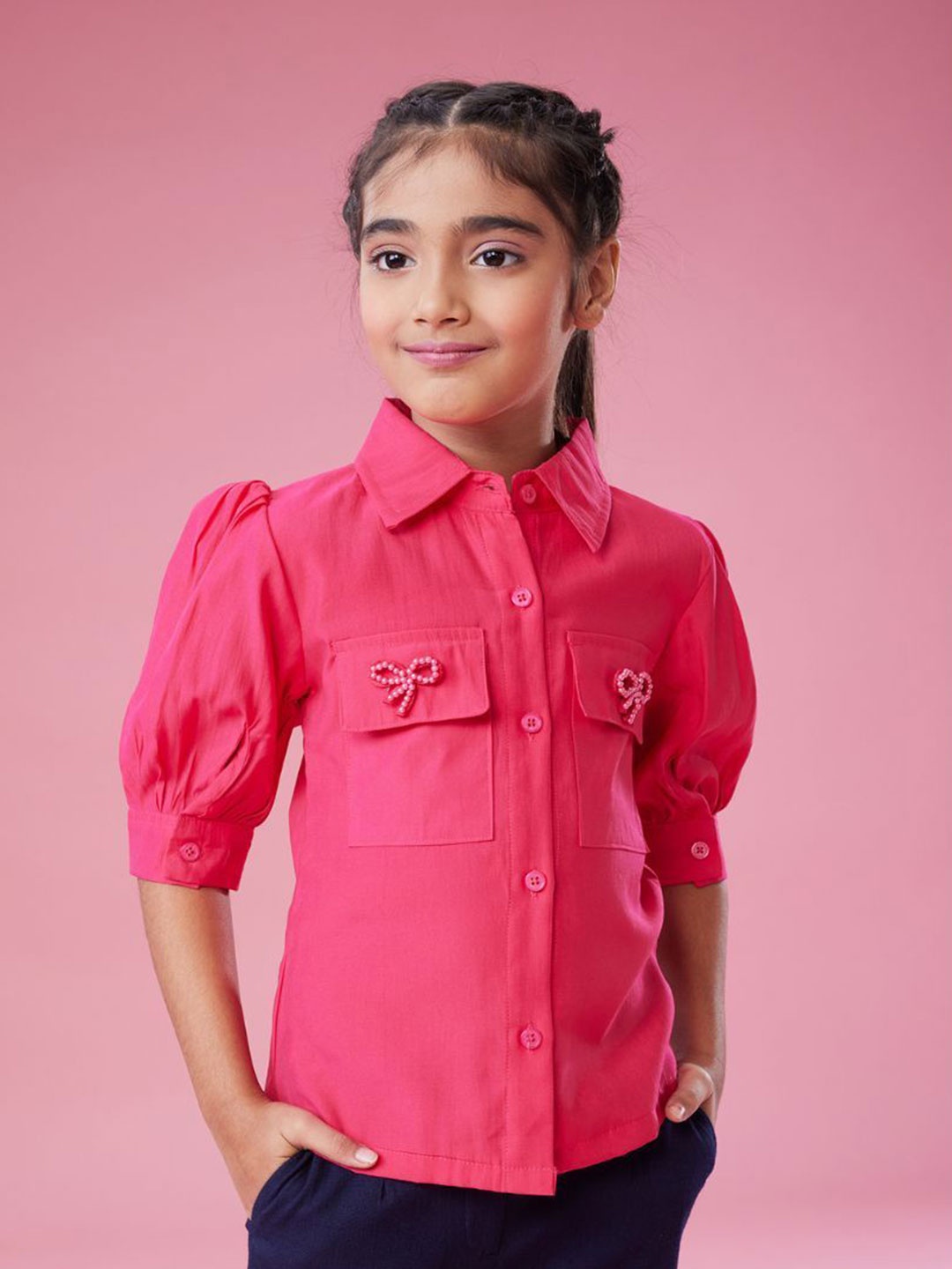 

MASTARANG Girls Cuffed Sleeve Cotton Shirt Style Top, Pink
