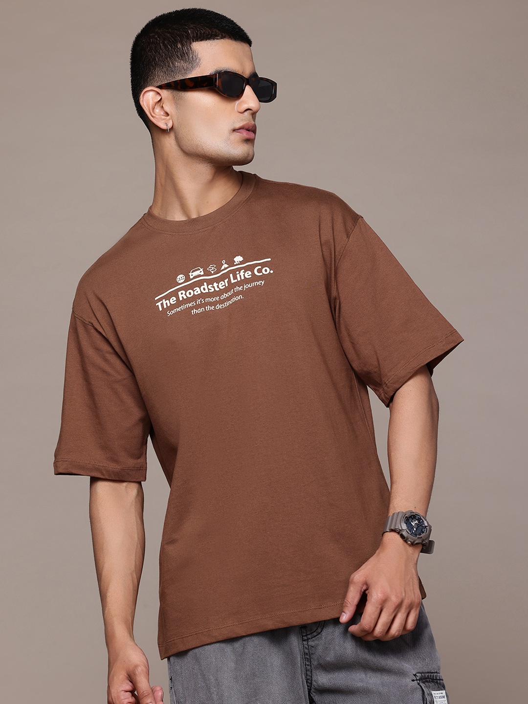 

The Roadster Lifestyle Co. Relaxed Fit Typography Printed Pure Cotton T-shirt, Brown